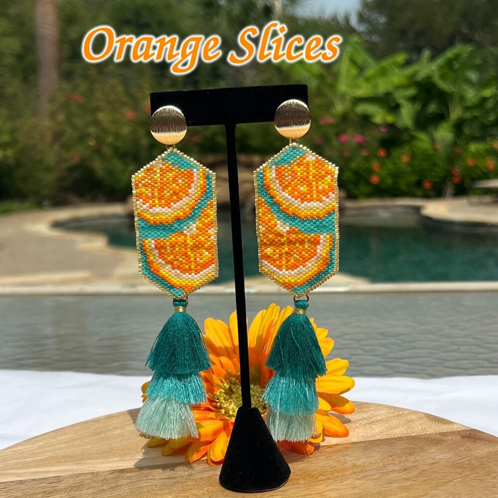Handmade Beaded Orange Slices Long Tassel Fringe Dangle Drop Post Earrings Wow!